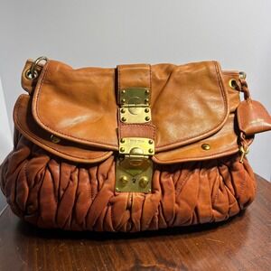 Miu Miu Handbag Women Medium Brown Matelasse Coffer Braided Ruched Leather Gold